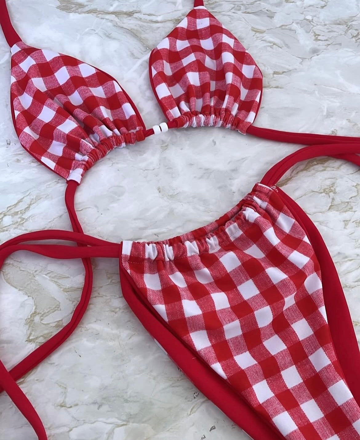 RED GINGHAM BEADED TRIANGLE