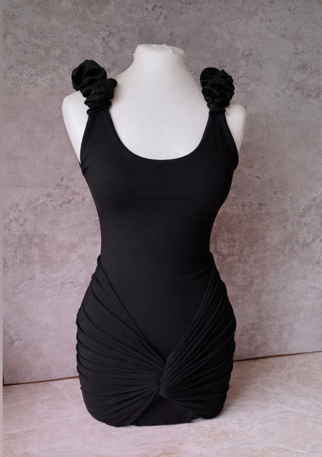 BLACK RUCHED SWIMSUIT AND KNOT SKIRT