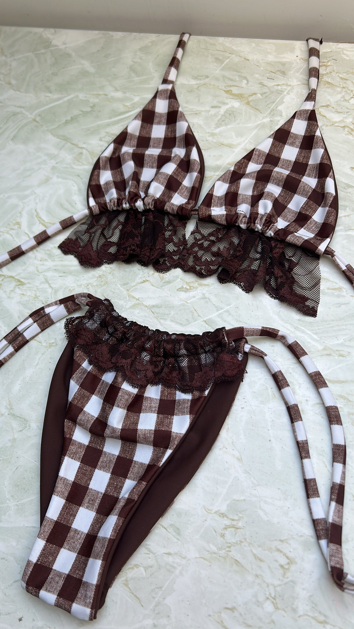 BROWN GINGHAM LACE BIKINI